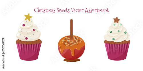 Holiday sweets collection. Flat illustration of Christmas cupcakes and caramel apple with peanuts isolated on clean white background. Christmas vector set for banners, cards, social media