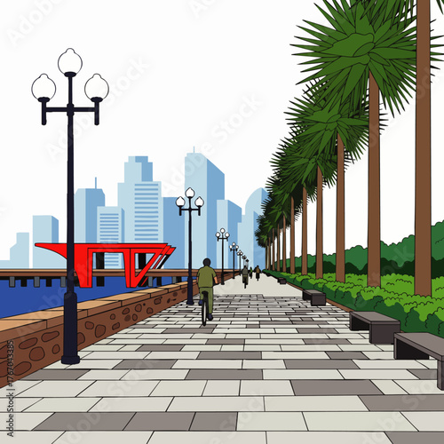 A vibrant illustration captures a sunny day on a city waterfront promenade, featuring cyclists, palm trees, and modern architecture.