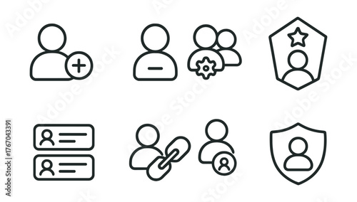 Line style icons of group management: add member, remove user, group settings, admin badge, member list, invite link, role icon,