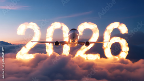 Airplane flies through glowing numbers 2026 amidst clouds at sunset flying