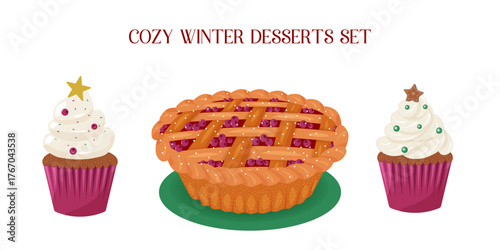 Christmas cupcakes and fruit pie. Flat design with festive muffins and traditional holiday baking on white background, isolated. Winter vector illustration for menu, banners, greeting cards
