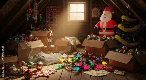 Attic filled with holiday decorations, including boxes of ornaments, string lights, and a nutcracker.
