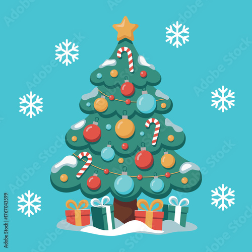 Cute illustration of Christmas tree. Christmas tree with toys and gifts. Symbol of Christmas. Christmas card. Winter holidays. Vector isolated illustration