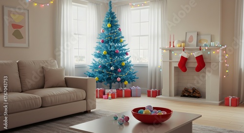 A christmas living room with a blue christmas tree and presents near a white fireplace mantel decor