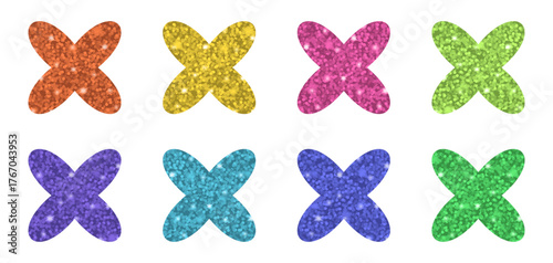 Set of glitter crosses in bright rainbow colors with sparkling texture. Ideal for festive backgrounds, stickers, crafts, invitations, or modern decorative projects with a shiny, joyful look.