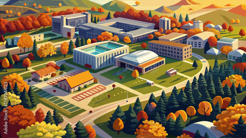 Very beautiful, aerial view of the University of Warwick campus surrounded by trees in autumn colors, scenic academic landscape, golden foliage, peaceful environment, and inspiring educational 