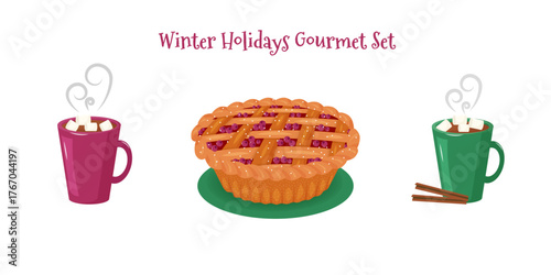 Christmas fruit pie and cocoa cups. Flat design with festive baking and hot chocolate with marshmallows on white background, isolated. Winter vector illustration for greeting card, banners