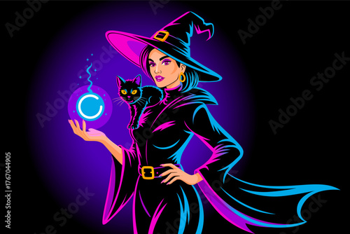 Witch character. Sorcerer cartoon. Girl illustrations in halloween witch hat. Halloween woman in witch costume. Halloween theme design for poster, banner, card, t-shirt, party invitation and decoratio