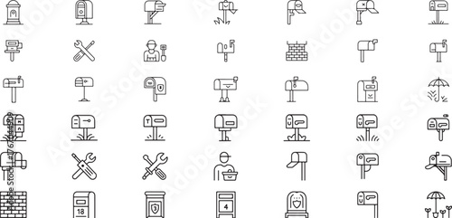 Diverse collection of mailbox line icons, showcasing various designs and styles in a grid layout. Ideal for visual communication and design