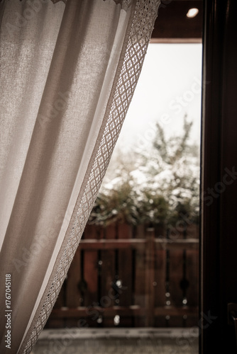 Photos curtain on window overcast winter day