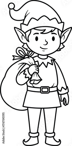 A cheerful cartoon elf with a gift sack ready for holiday deliveries
