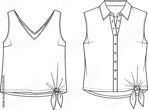 Sleeveless blouse vector illustration, front view fashion sketch, V-neck and collared styles, tie hem detail, garment template, apparel design