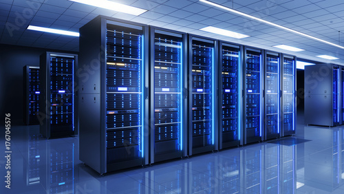 Server racks in server room data center - Cloud Computing, Artificial Intelligence, Database Concept 