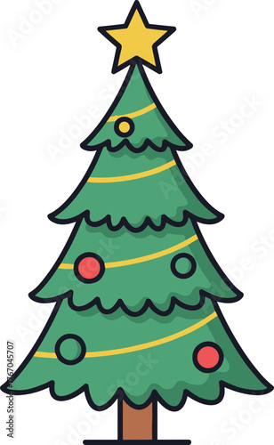 A simple hand drawn cartoon christmas tree adorned with colorful ornaments and a bright yellow star topper