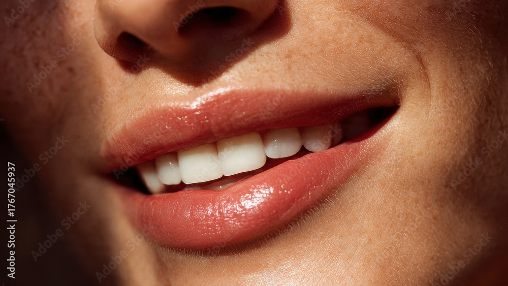 Obraz premium Close-up de Lábios Femininos Sorrindo com Brilho do Sol. Alegria Natural e Autêntica.