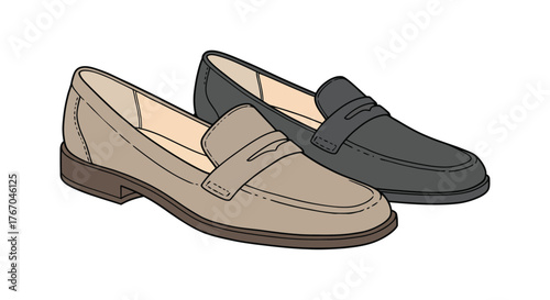 A pair of stylish loafers in beige and dark gray colors