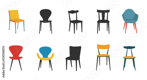 Colorful collection of various style chairs presented in a flat vector design