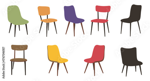 A collection of vividly colored modern chairs arranged in two rows