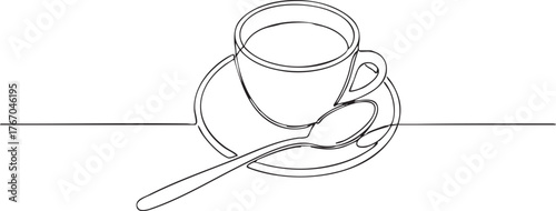Elegant coffee cup with spoon in continuous line art for minimalist cafe branding and modern food illustrations, perfect for menus and social media
