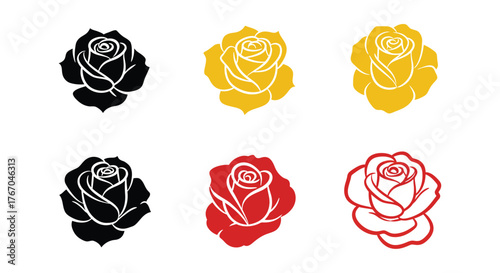 Stylized rose illustrations in black yellow and red color variations