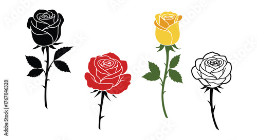 Four roses in different colors with stems and leaves illustrated