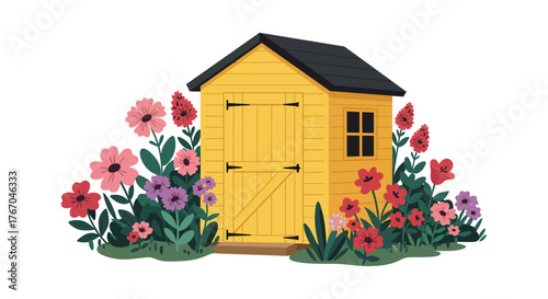 A vibrant yellow garden shed surrounded by colorful blooming flowers