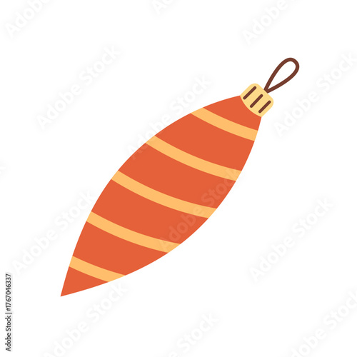 Vector illustration of cute vintage elongated red Christmas ornament with yellow stripes. Classic festive bauble for winter tree decoration, holiday cards, and retro seasonal design.