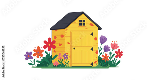 Charming yellow playhouse surrounded by vibrant blooming flowers in garden