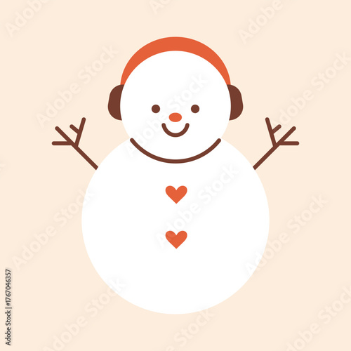 Vector illustration of cute smiling snowman with earmuffs, carrot nose, stick arms, and heart shaped buttons. Cute winter holiday character for Christmas, cheerful decor, greeting cards designs.