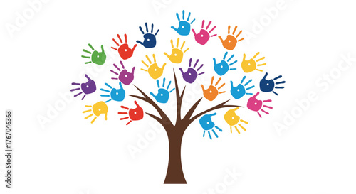 Colorful handprints forming the shape of a tree symbolizing growth