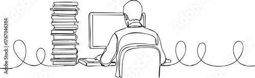 Dedicated student diligently studying with computer and stack of books, focused on learning and research in minimalist workspace