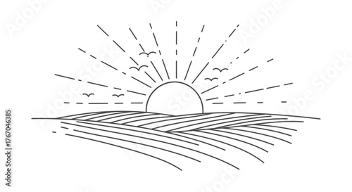 Simple line drawing of a sun rising over rolling hills and waves
