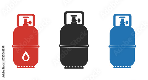 Three gas cylinder icons in red black and blue colors