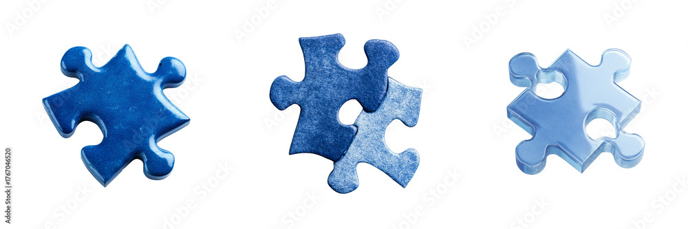 Obraz premium Set of Interlocking blue puzzle pieces arranged in a clean pattern symbolizing unity and teamwork on transparent png background. Ai generated