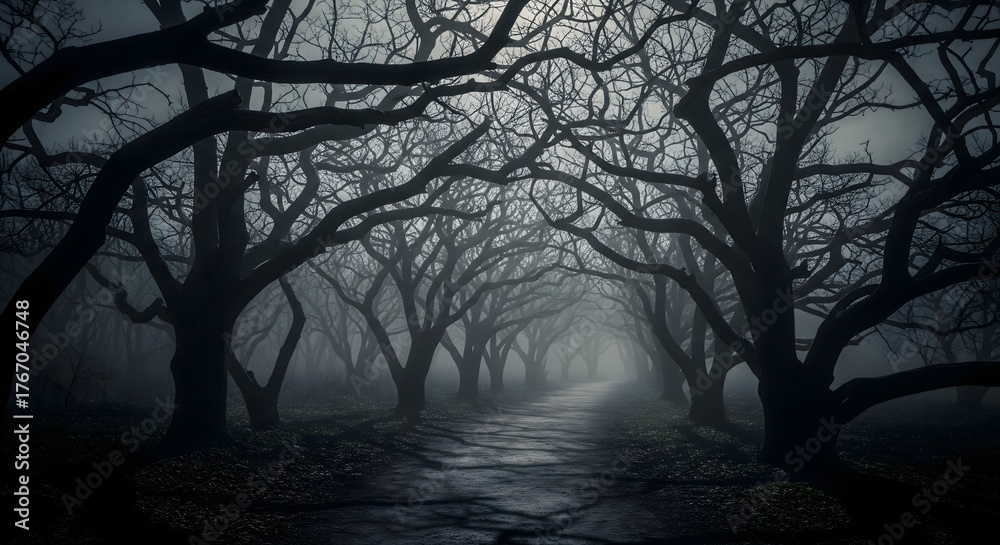 Obraz premium Eerie forest path shrouded in mysterious fog, perfect for fantasy book covers or dark Halloween promotions, creating a sense of suspense and captivating storytelling with spooky atmosphere