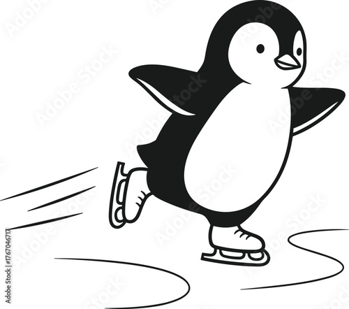 Adorable cartoon penguin gracefully gliding across an ice rink on skates