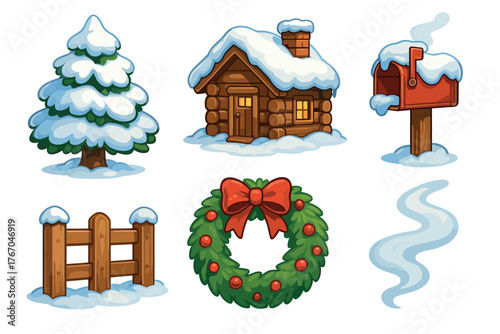 Winter theme cozy cabin with snow covered trees and decorations. Set of 6 Christmas vector illustration