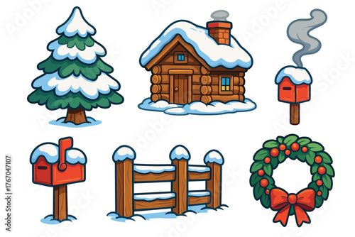 Cozy winter scene featuring a snow covered cabin and festive decor. Set of 6 Christmas vector illustration