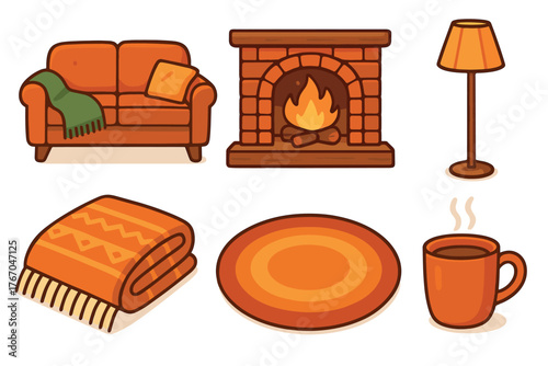 Cozy autumn living room scene with warm colors and home comfort. Set of 6 Christmas vector illustration