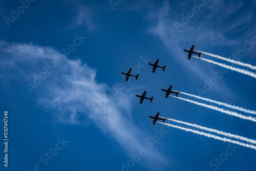 planes flying in formation in blue sky