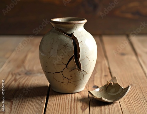 Close-up shot of a cracked, off-white pottery vase with wooden backdrop