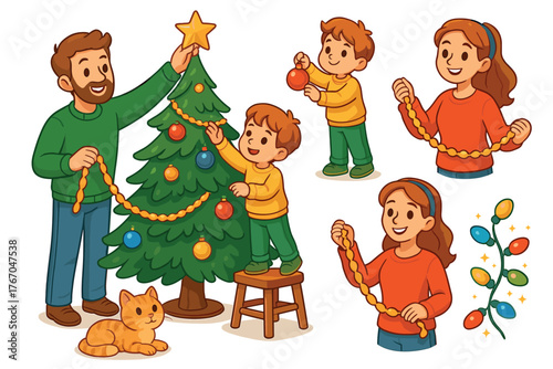 Family togetherness during Christmas tree decorating time. Set of 6 Christmas vector illustration