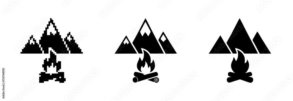 Naklejka premium Mountain and Campfire Symbol Set Represented with Pixelated and Smooth Geometric Designs