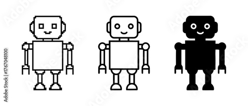 Line art depiction of three robots with varying design styles