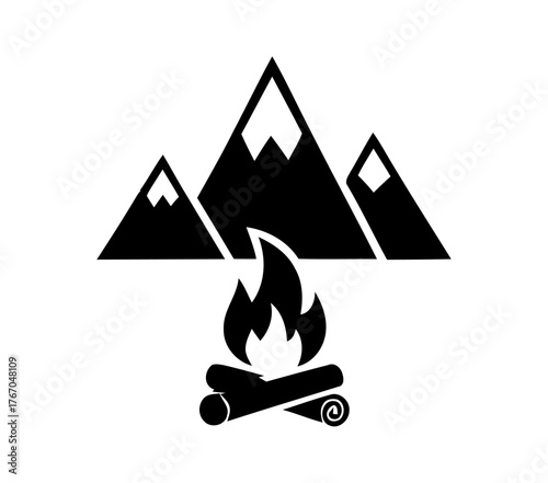 Mountain Peaks Above Campfire Logs in Black and White Silhouette