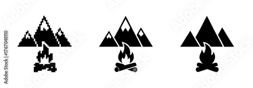 Mountain and Campfire Symbol Set Represented with Pixelated and Smooth Geometric Designs