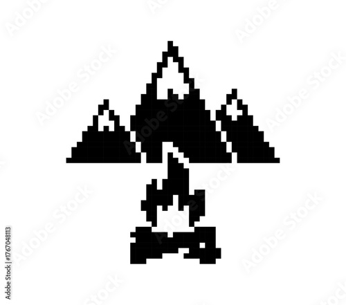 Pixelated Mountains with Snow and Fireplace Scene for Digital Badge or Icon