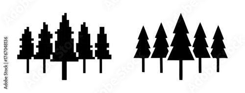 Stylized evergreen forest icon showing pixelated and geometric tree designs