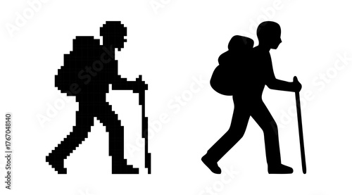 Comparing Pixelated Hiker with Smooth Silhouette Carrying Backpack and Using Walking Stick