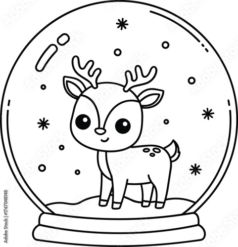 Adorable cartoon reindeer inside a snow globe with falling snowflakes